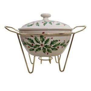 Lenox Holiday 1QT Covered Warmer with Gold Rack Holly Berry Serving Dish Bowl
